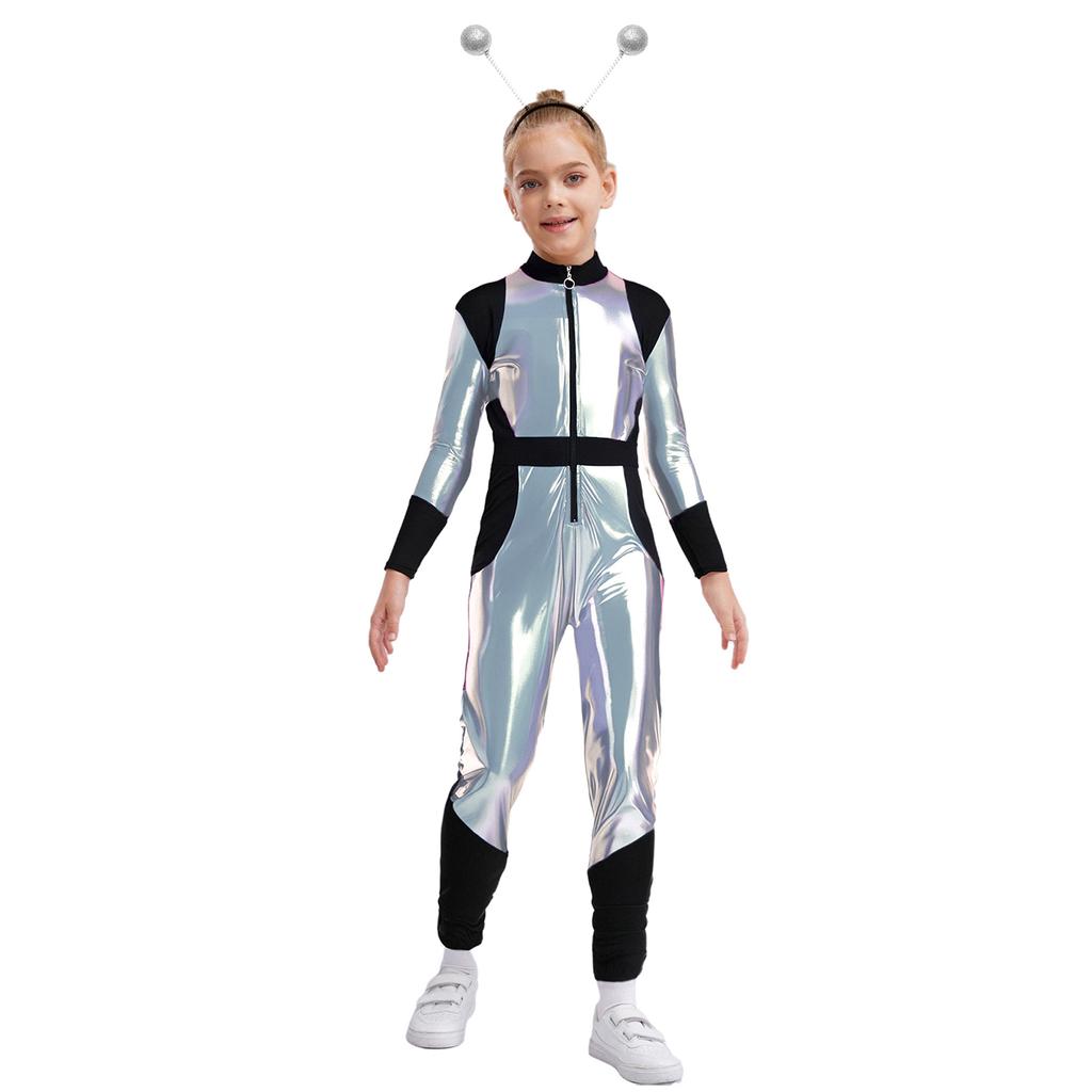 Детский Костюм Косплей Инопланетянин С Длинным Рукавом Высокая Талия Блестящий Металлический Молния Комбинезон Хэллоуин Боди