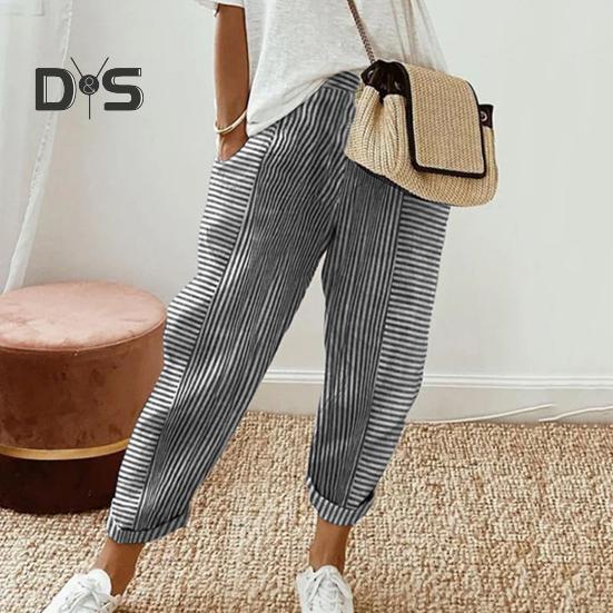 Женские повседневные брюки с эластичной талией и средней посадкой, летние жаккардовые длинные брюки с карманами, полосатые брюки свободного кроя