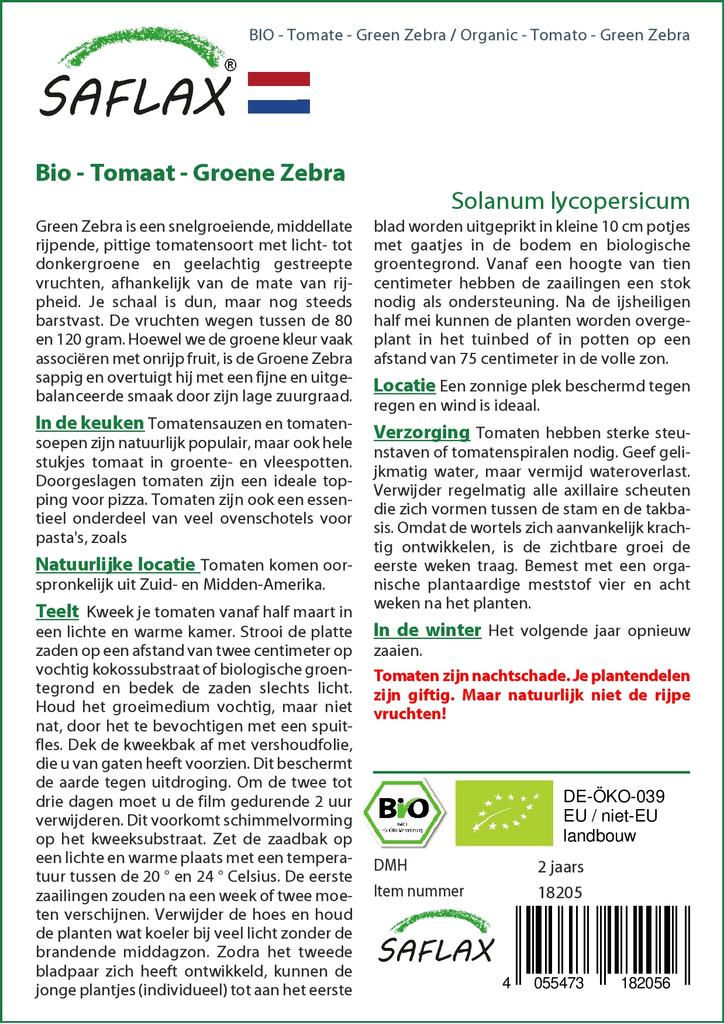 SAFLAX Garden in the Bag - Органический - Помидор - Зеленая зебра - 10 семян - С субстратом в подходящем пакете - Solanum lycopersicum