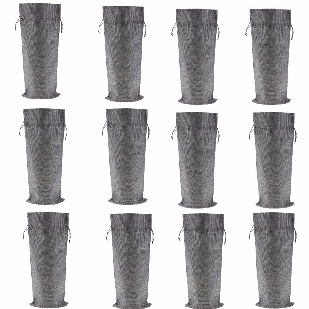 12pcs Grey Linen Fabric Wine Bag Drawstring Closure Burlap Wine Bag Wedding Favors
