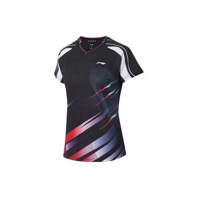 Футболка Li Ning Table Tennis Series с геометрическим узором и логотипом, быстросохнущая, с V-образным вырезом и коротким рукавом, женские топы, черная, AAYS238-3