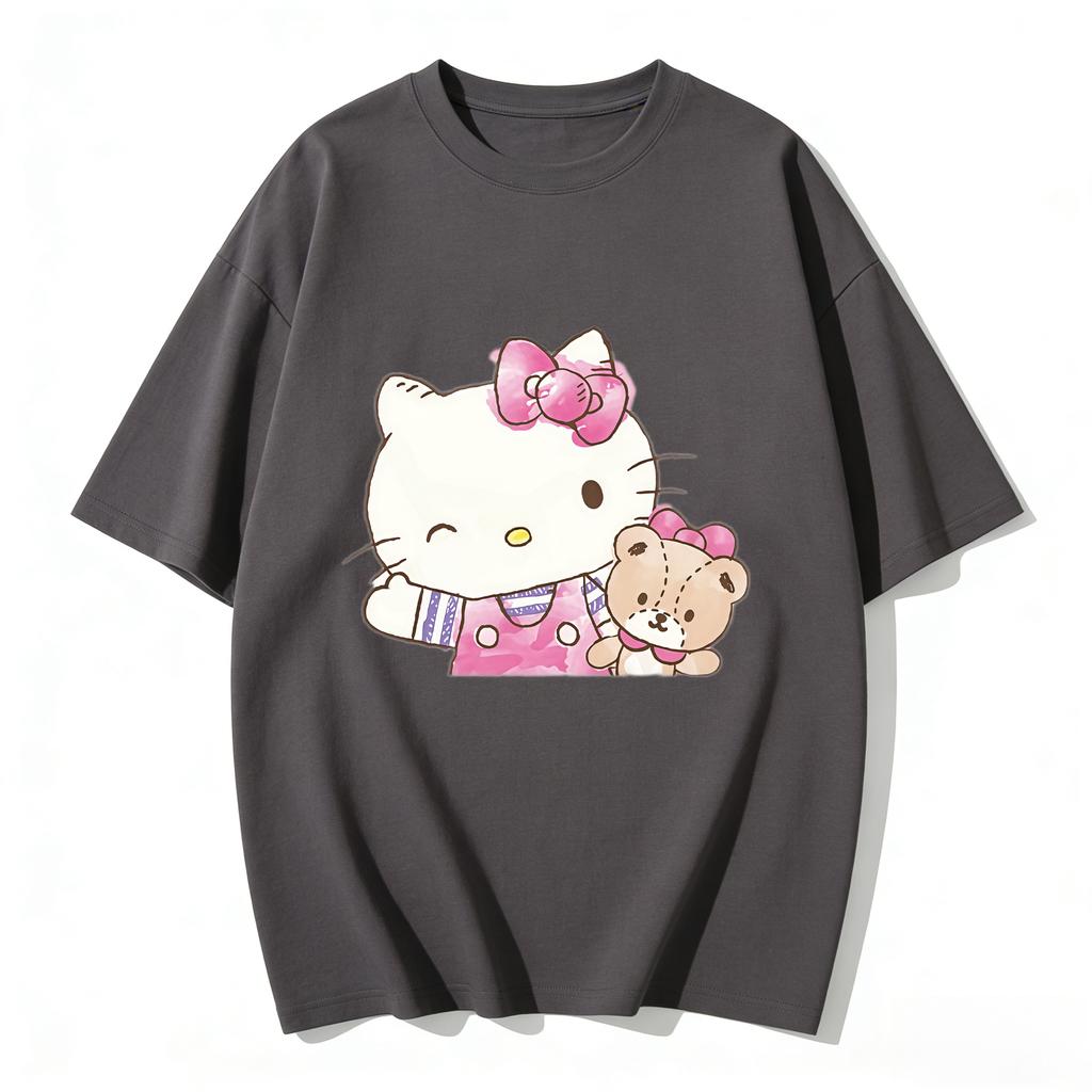2026 New Hello Kitty Teddy Bear Watercolor Cartoon Print Tshirt Family Matching Outfits Casual Short Sleeve Tee Women Unisex Kids
