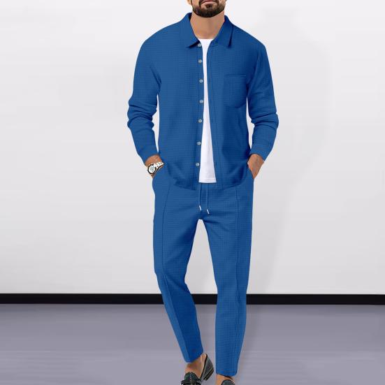 Мужской костюм-двойка, повседневная рубашка с длинным рукавом с вафельным узором, брюки на шнурке, весенне-осенний наряд для офиса