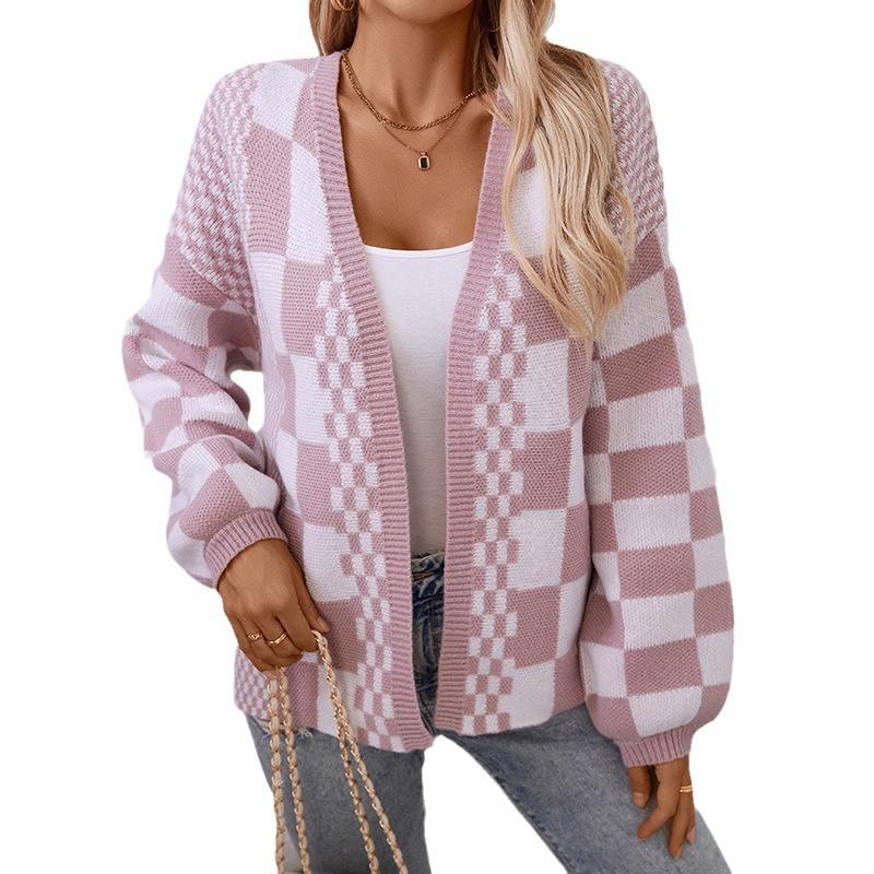 Осень и зима новый европейский и американский модный повседневный вязаный свитер свободный V-образный вырез клетчатый цветной блок кардиган свитер для женщин