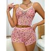 Комплект из двух частей розовой сетчатой пижамы для женщин с короткими топами и шортами с принтом, повседневный женский пижамный комплект