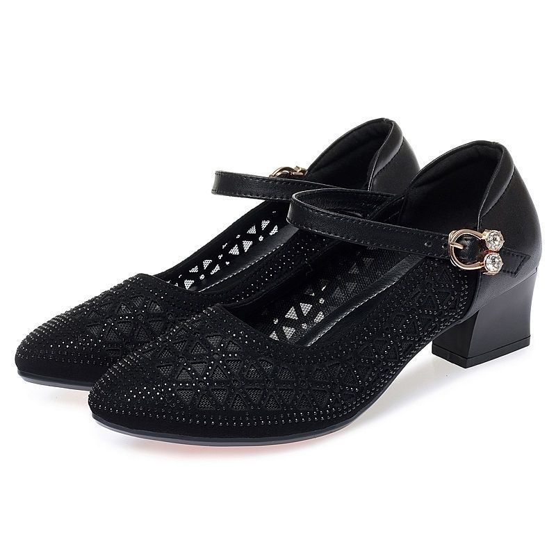 Женские туфли-лодочки со стразами, женские элегантные сетчатые сандалии на дышащей мягкой подошве, сандалии на толстом среднем каблуке, лоферы