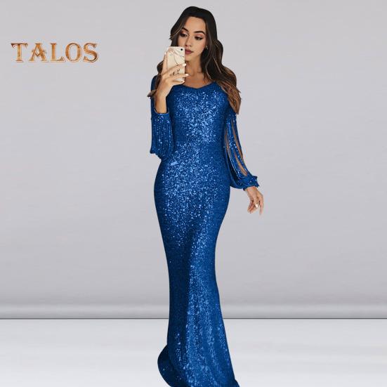 Женское платье для выпускного вечера с кисточками и рукавами-футляром, облегающее платье с V-образным вырезом, однотонное вечернее платье с блестками и рыбьим хвостом, коктейльное платье макси