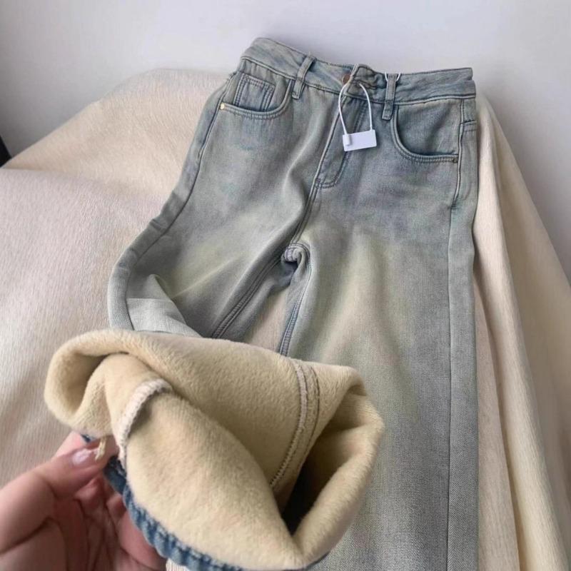 Fleece jeans women's straight, new winter high-waisted loose wide-leg straight jeans