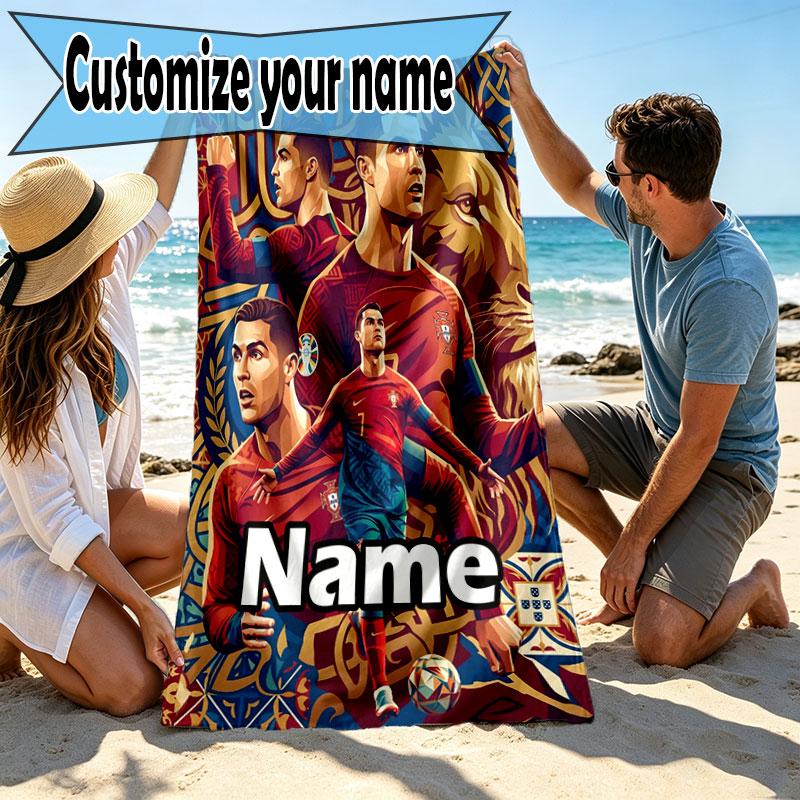 Custom Name Personalized Cristiano Ronaldo Print Beach Towel, for Trip Camping Beach Party Home Decor, Birthday Gift for Family & Friends