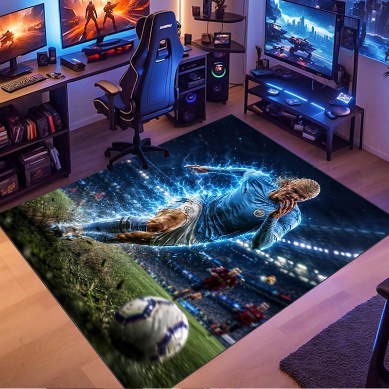 Lightning Effect Football Star Player Print Area Rug Sport Theme Non‑Slip Rectangular Floor Mat Home Decor For Gaming Bedroom
