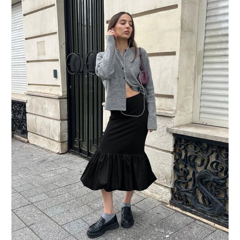 French Style Black A-Line Midi Skirt Elegant Splicing Design Womens Fashion