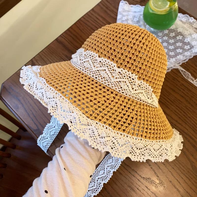 [Great Value] French Celebrity Flat Top Top Top Hat New Summer Elegant Pearl String Sunshade Woven Straw Hat