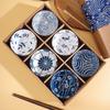 Good Fortune Blue and White Porcelain Rice Bowl Set
