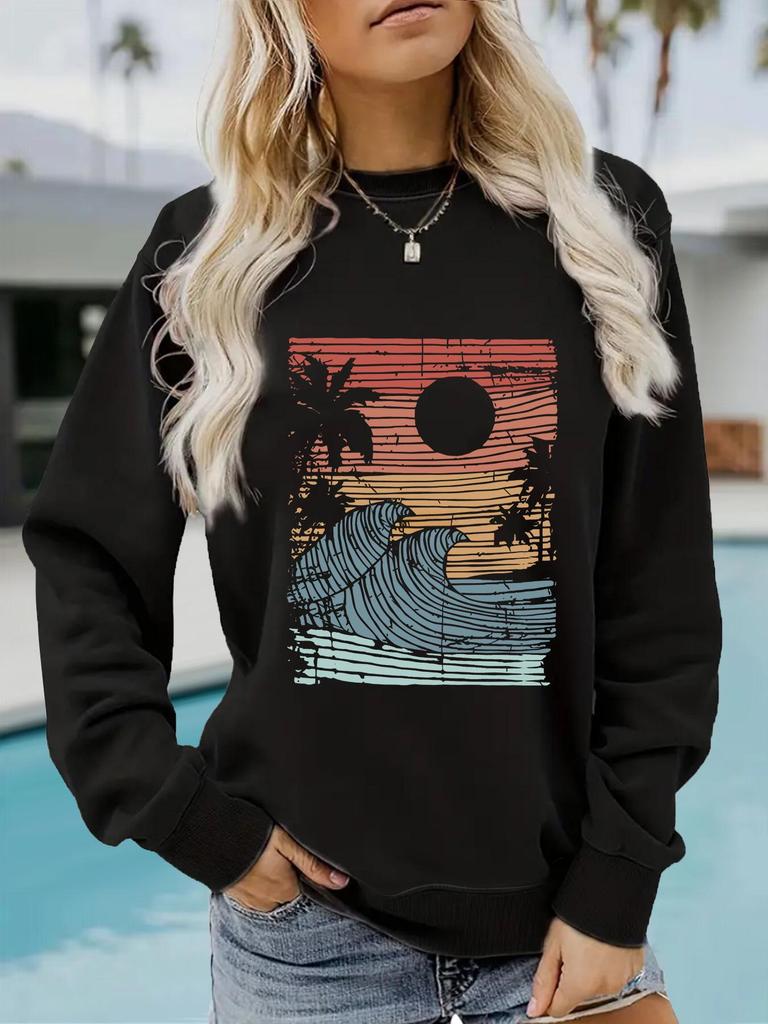 Sea View Print Women's Round Neck Long-Sleeve Hoodie