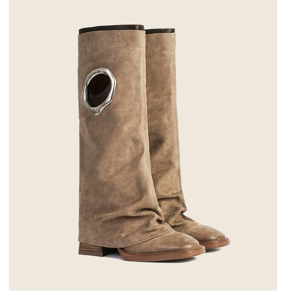 Модный бренд Мода 2025 Новые осенне-зимние ботинки с круглым носком, высокие сапоги из кожи, металлические рыцарские сапоги, сапоги с отворотом, панк-стиль