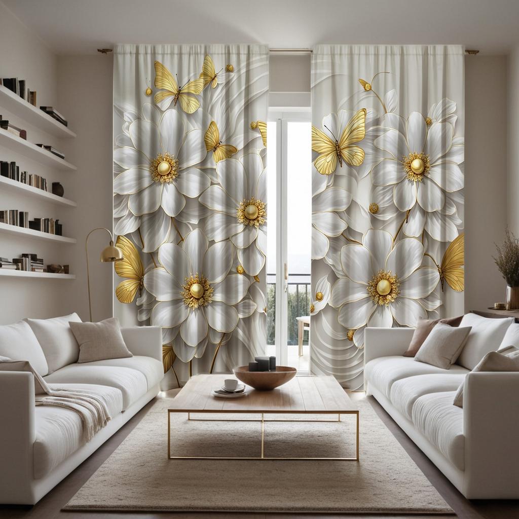 2-piece HD Digital White Tie Gold Butterfly Flower Curtain Home Decoration Style Decoration Living Room Bedroom Wear Rod Curtain