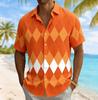 Men's Color Block Argyle Print Short Sleeve Shirt, Spring Summer Casual Vacation Turn-Down Collar Blouse, Loose Fit Top