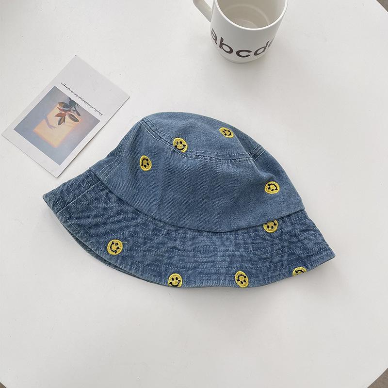 Simple Cartoon Embroidered Denim Bucket Hat Women Harajuku Retro Basin Hat Spring and Summer Sun Protection Visor Men