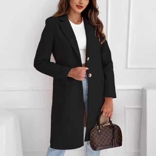 GMXIA Autumn Winter Simple Solid Color Medium Long Button-wool Coat Coat Women