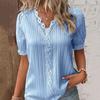 Women Top Solid Color Hollow Out Short Sleeve V-neck Shirring Daily