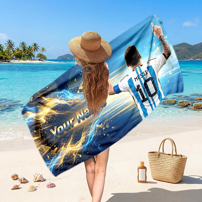 Lionel Messi Custom Beach Towel, Personalized Name Text Print, Football Logo Soft Quick‑Dry Towel Holiday Gift