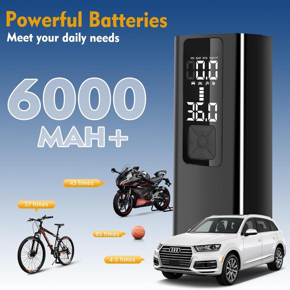 Tire Inflator Portable Air Compressor, Air Pump for Car Tires, Motorcycle, Bicycle, Balls with Digital Pressure Gauge, LED Light
