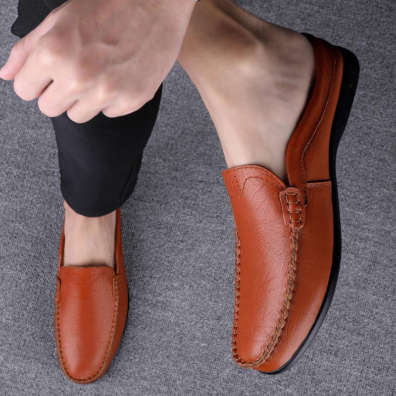 FashionMen's Casual Shoes Breathable Genuine Leather Loafers Men Business Office Half Shoes For Men Driving Moccasins Luxury Slippers