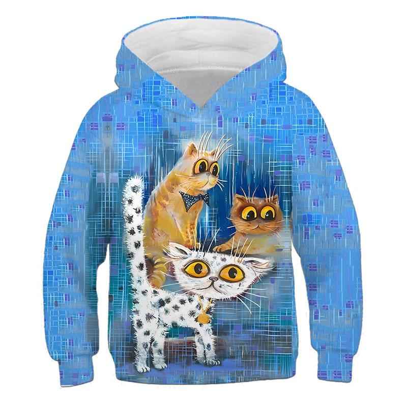 Толстовка с капюшоном и длинными рукавами для девочек, милый 3D-рисунок кошки, детская повседневная уличная кофта на весну и осень
