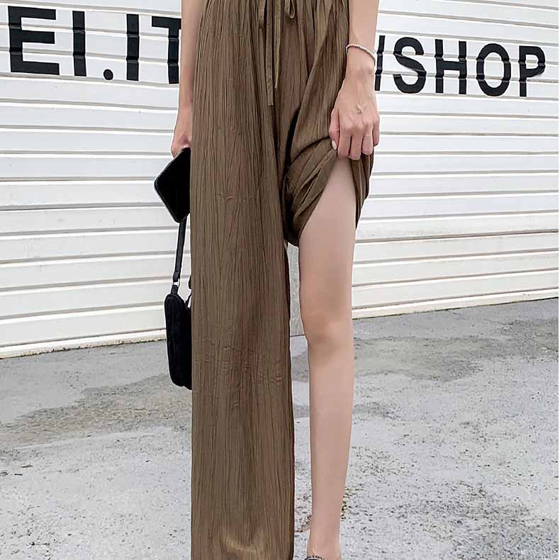 Pleated Ice Silk Wide Leg Pants for Women's Summer High Waisted Draped Cool Pants Straight Tube Loose Casual Pants