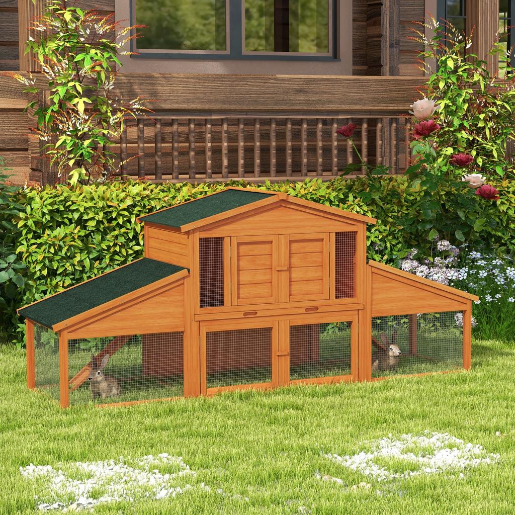Hutch Cage for Rabbits Rodents Chicken Coop XXL 2 Levels 2 Runs Droppings Tray 2.25L x 0.70W x 1H m Solid Pine Wood