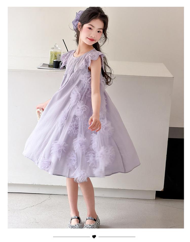 Girls' summer sleeveless dress, mid length skirt, purple princess dress, stylish and sweet casual dress, girls' summer clothes