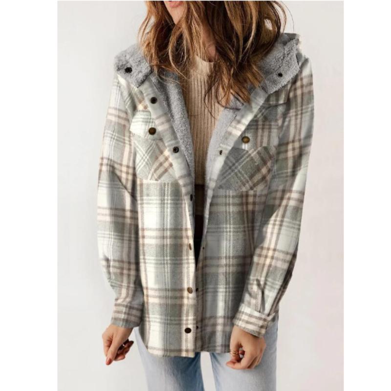 Women's Plaid Fashion Fleece Coats Winter Warm Hooded Fleece Jackets Casual Outwear Large Size Loose Comfortable Coat