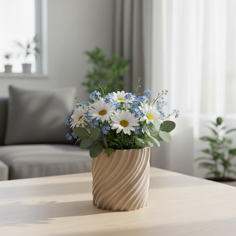 Modern wavy beige flowerpot for plants, twisted shape