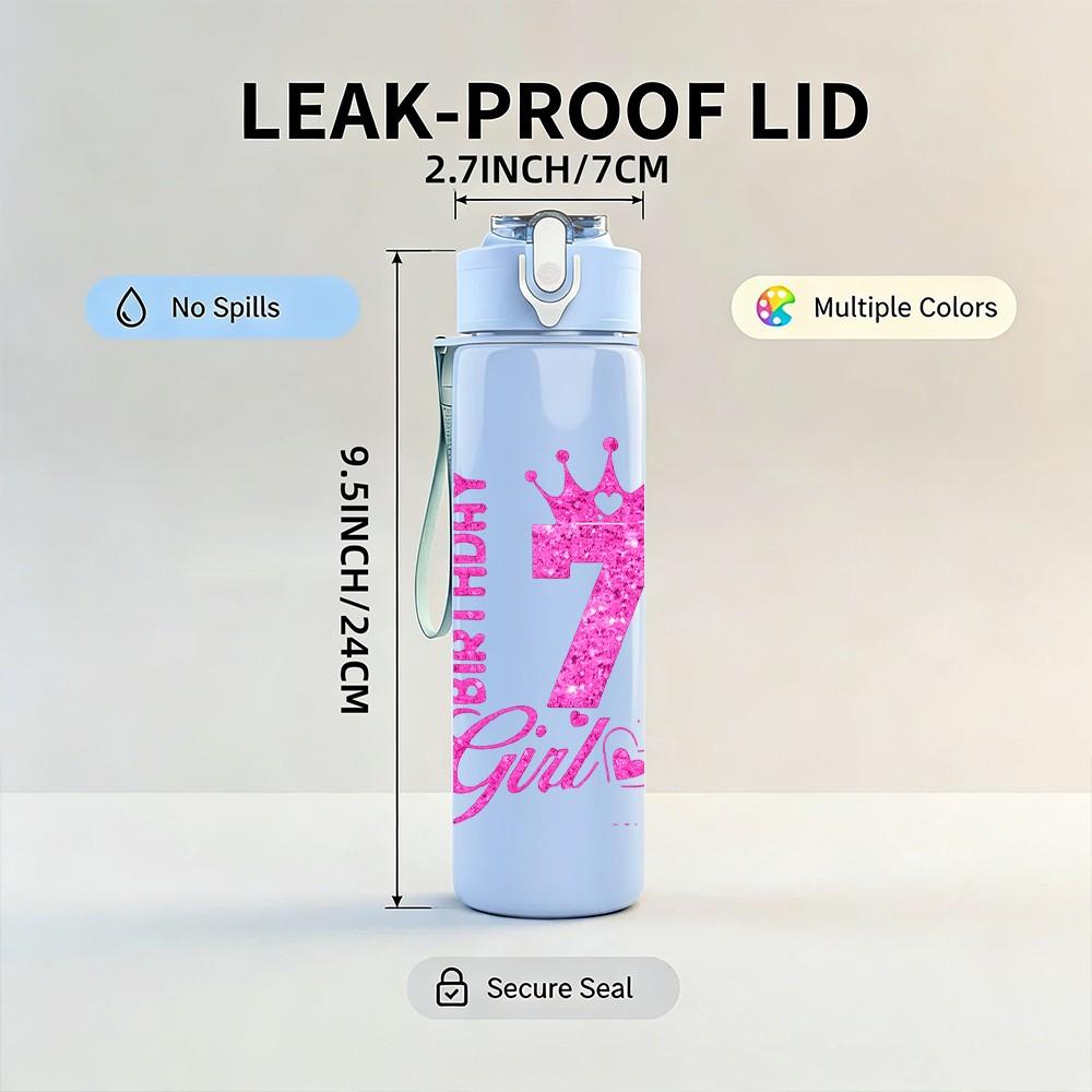 1PC 7 Birthday Girl Pink Crown Print 750ml Color Plastic Sports Water Bottle Leakproof Flip Straw Lid Suitable for Sports Office Home Use