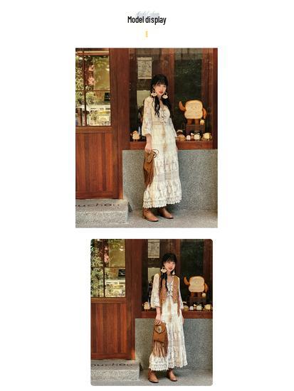 2024 Богемное платье с кисточками и кружевом, с высокой талией, абрикосового цвета - Стройнящий отпускной стиль