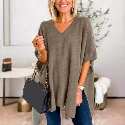 Женский свитер с V-образным вырезом, фасон «летучая мышь», без рукавов, свободный покрой, повседневный топ, однотонный, с высоким и низким подолом, вязаный свитер на осень-зиму
