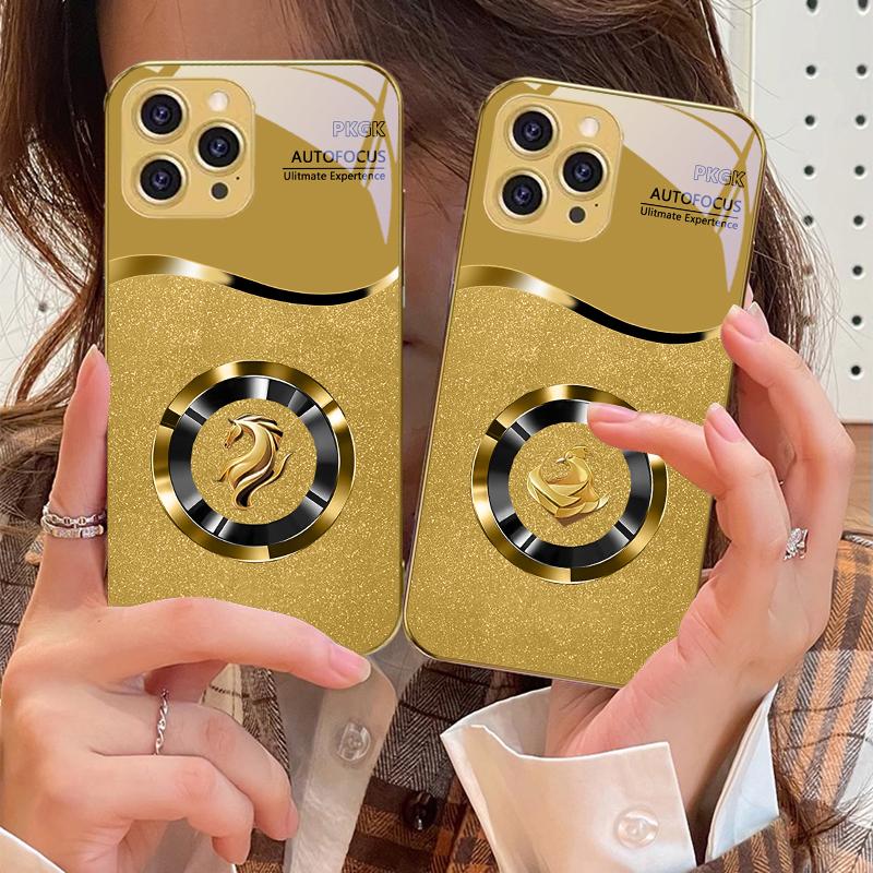 Золотой Круг Голова Дракона Для IPhone 16 Pro Max 15 P Ro 14 M Ax 13 Plus 12 Mini 11 XS Max XR Золотой Закаленное Стекло Чехол для Телефона
