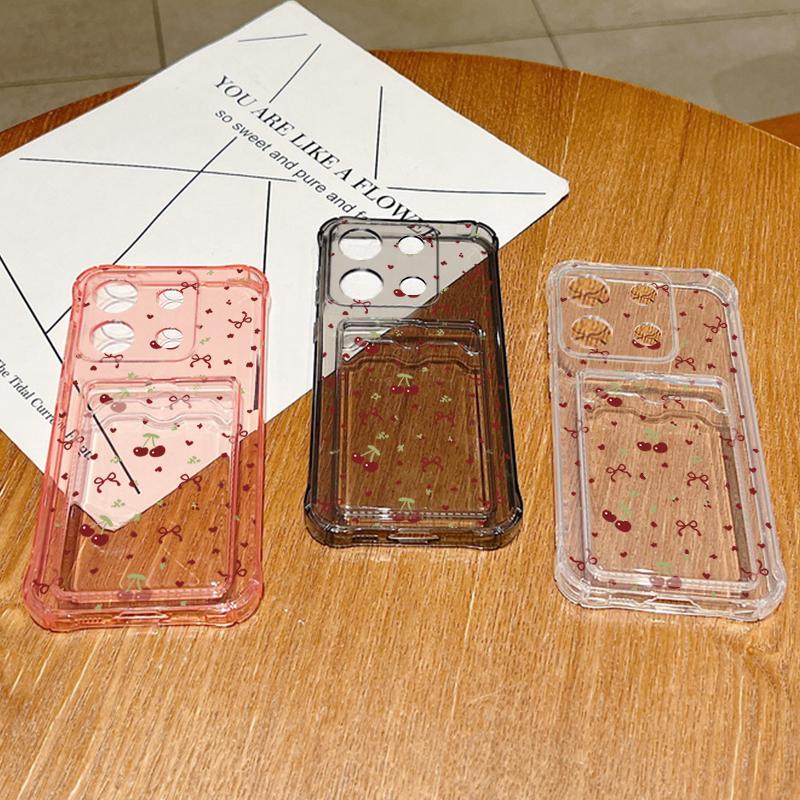 Мягкий силиконовый чехол с рисунком вишневого банта и слотом для карт для Xiaomi 14T 13T Pro Poco F6 Pro X6 C65 Redmi Note 13 12 Pro 11, противоударный прозрачный чехол для телефона