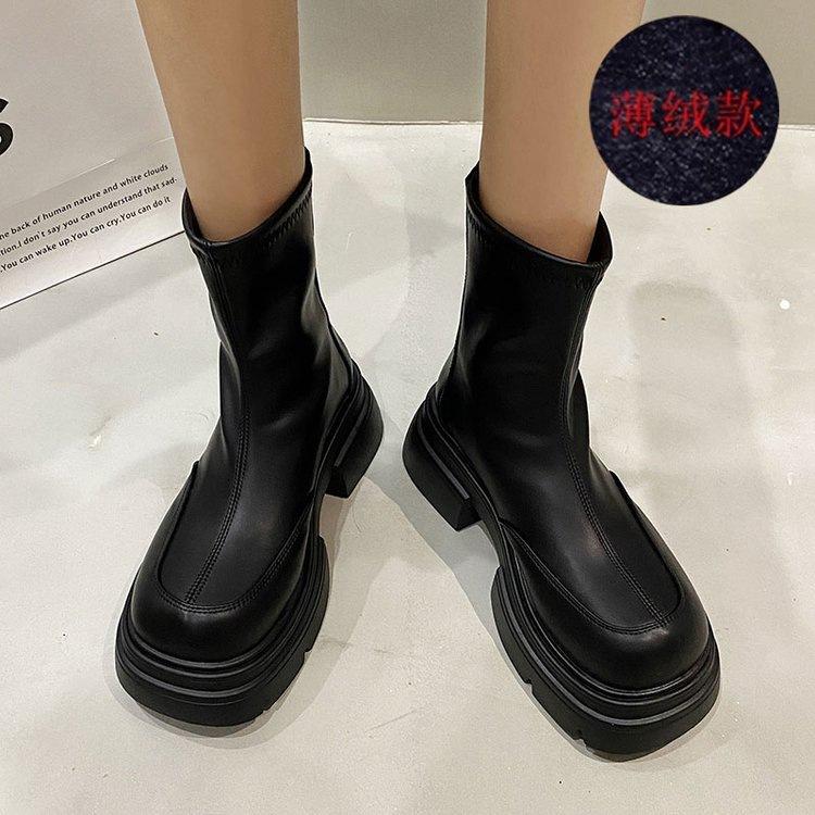 Fleece round head Martin boots women's autumn and winter 2026 new thin thick heel cigarette tube single boots cut west medium cotton boots