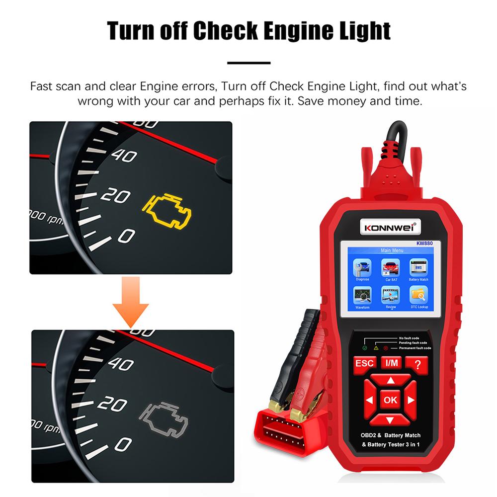 KONNWEI KW880 12 В автомобильный тестер-анализатор аккумулятора, автоматический диагностический инструмент, 3 в 1 автомобильный сканер OBD2, считыватель кодов