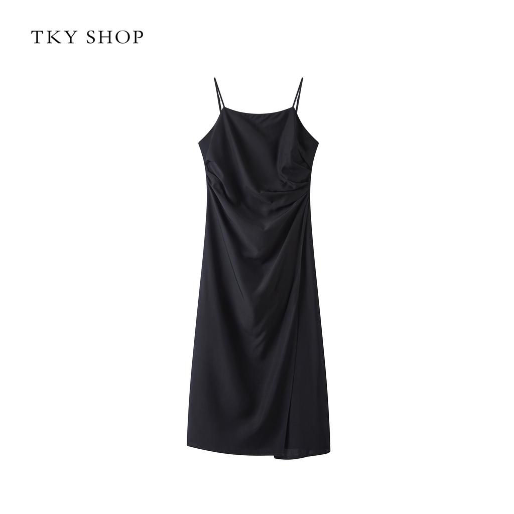 Strap Dress for Women 2025 Summer New Mid to Long Black Sleeveless Strap Dress for Women with Waist Drawn to Look Thin