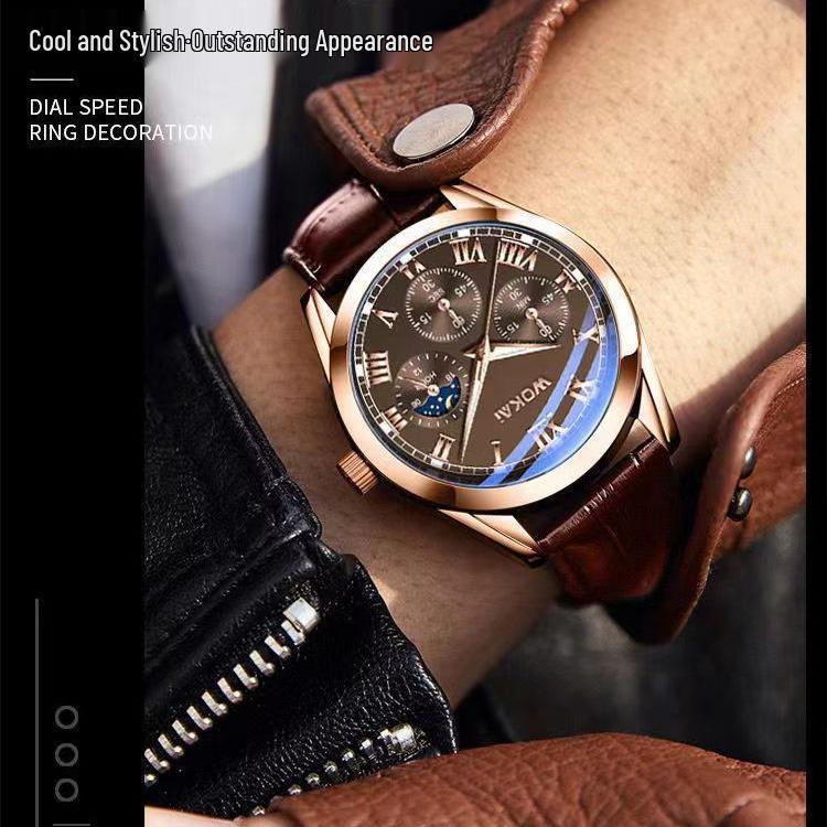 2024 Men's Business Quartz Wristwatch with Wokai Leather Strap & Alloy Case