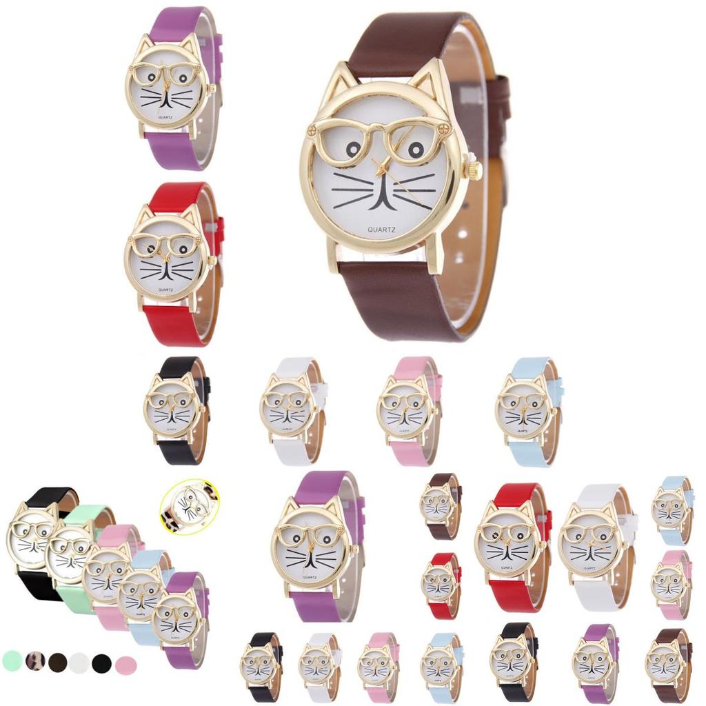 Очаровательные женские кварцевые часы с кошачьей мордочкой и кожаным ремешком, мультяшный дизайн
