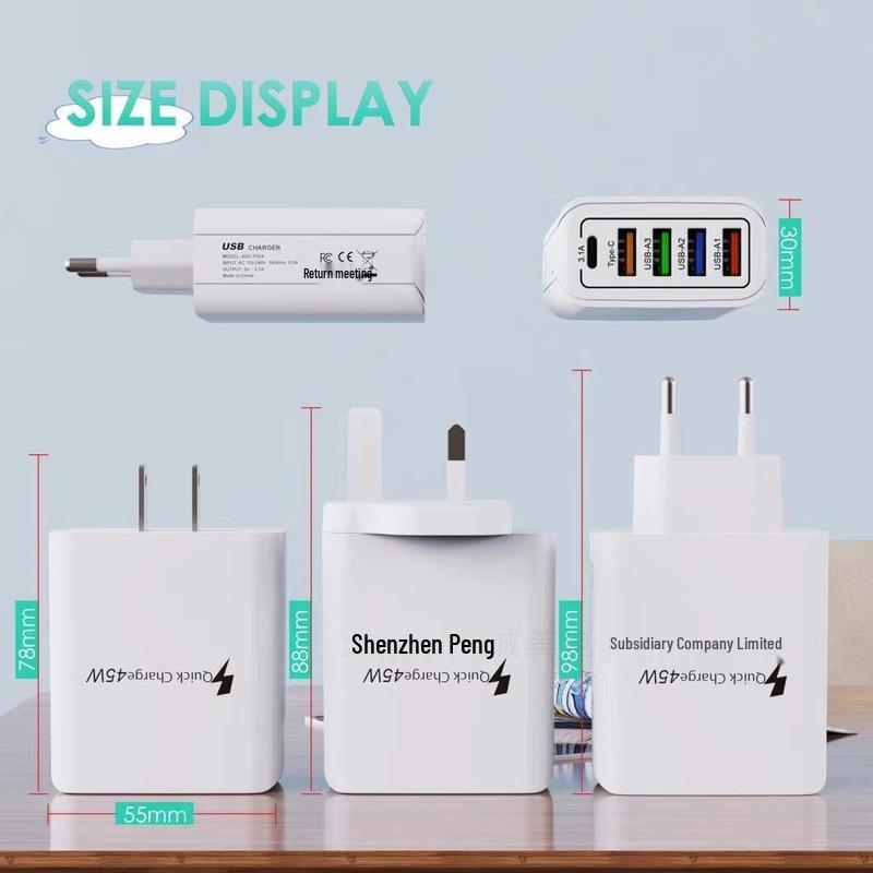Зарядное устройство для мобильного телефона 4 порта USB и 1 порт PD 5V 3.1A с вилками EU, US, UK