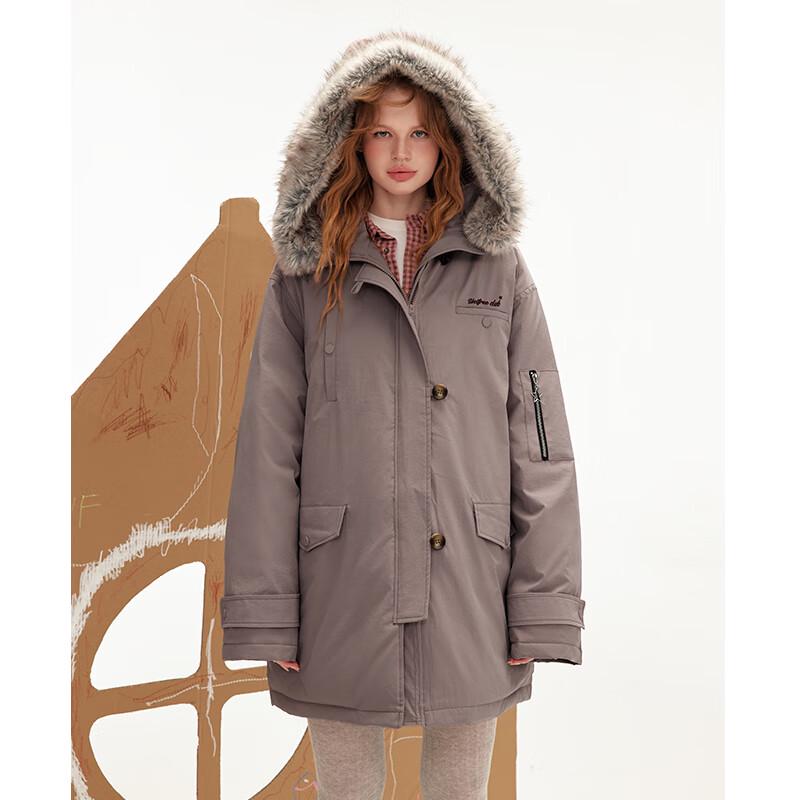 unifree Retro Loose Hooded Down Jacket with Fur Collar