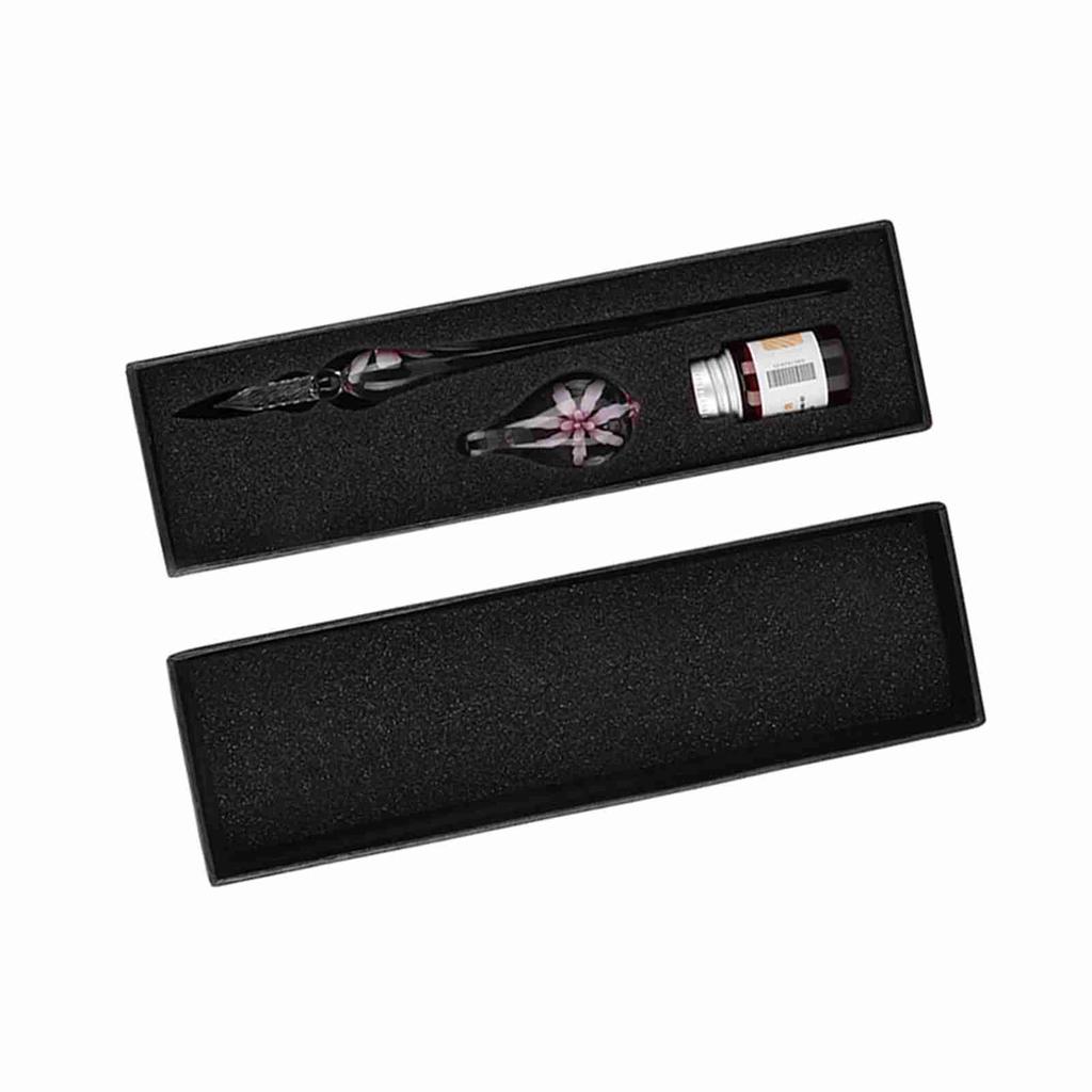Retro Elegant Flower Glass Dip Pen Signature Ink Fountain Pen with Ink Penholder Pink
