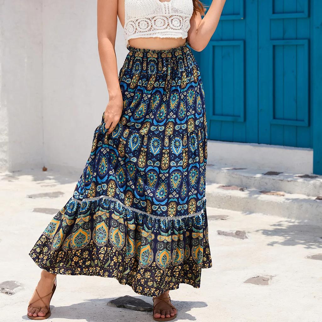 2025 Spring Summer Bohemian Ethnic Lace Trim Cotton Maxi Skirt, Vacation Style Long Skirt