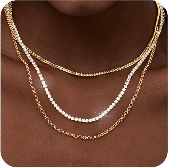 Женский многослойный чокер-ожерелье с золотым покрытием - Набор из 3 минималистичных цепочек кубинского плетения и скрепки