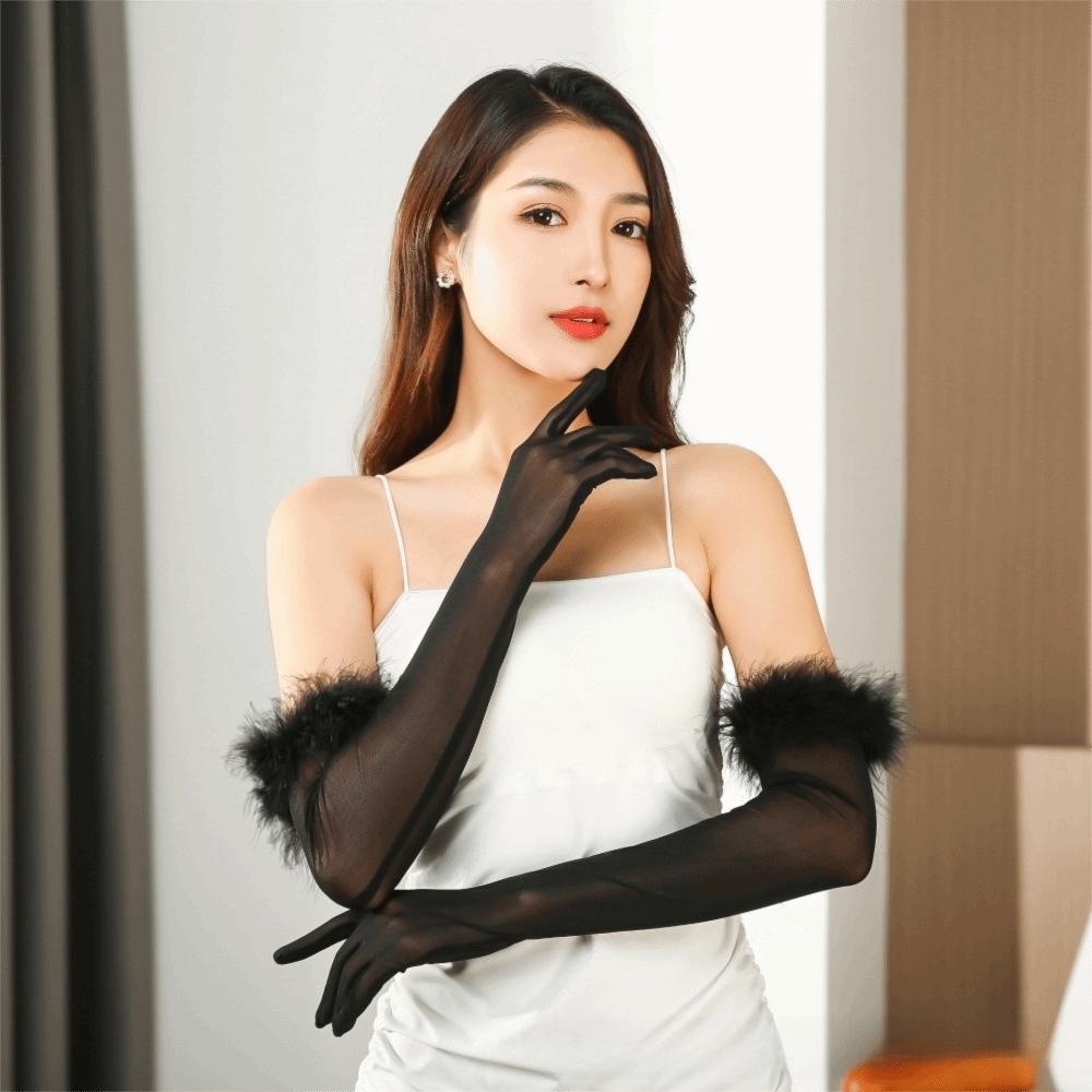 Transparent Long Gloves Solid Color Bridal Gown Accessories Fashion Feather Gloves Prom Dress