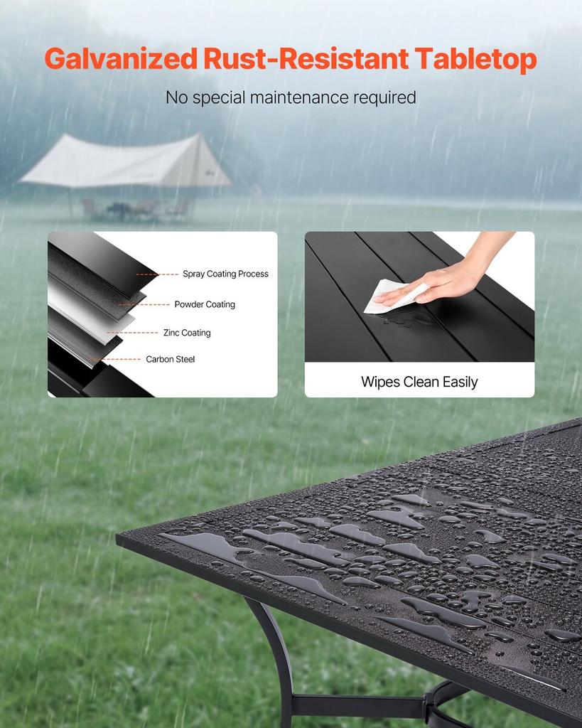 Outdoor Patio Dining Table, 150cm Long Rectangular Metal Steel Slat Backyard Bistro Tables for 4-6, with 38mm Umbrella Hole, All-Weather Large
